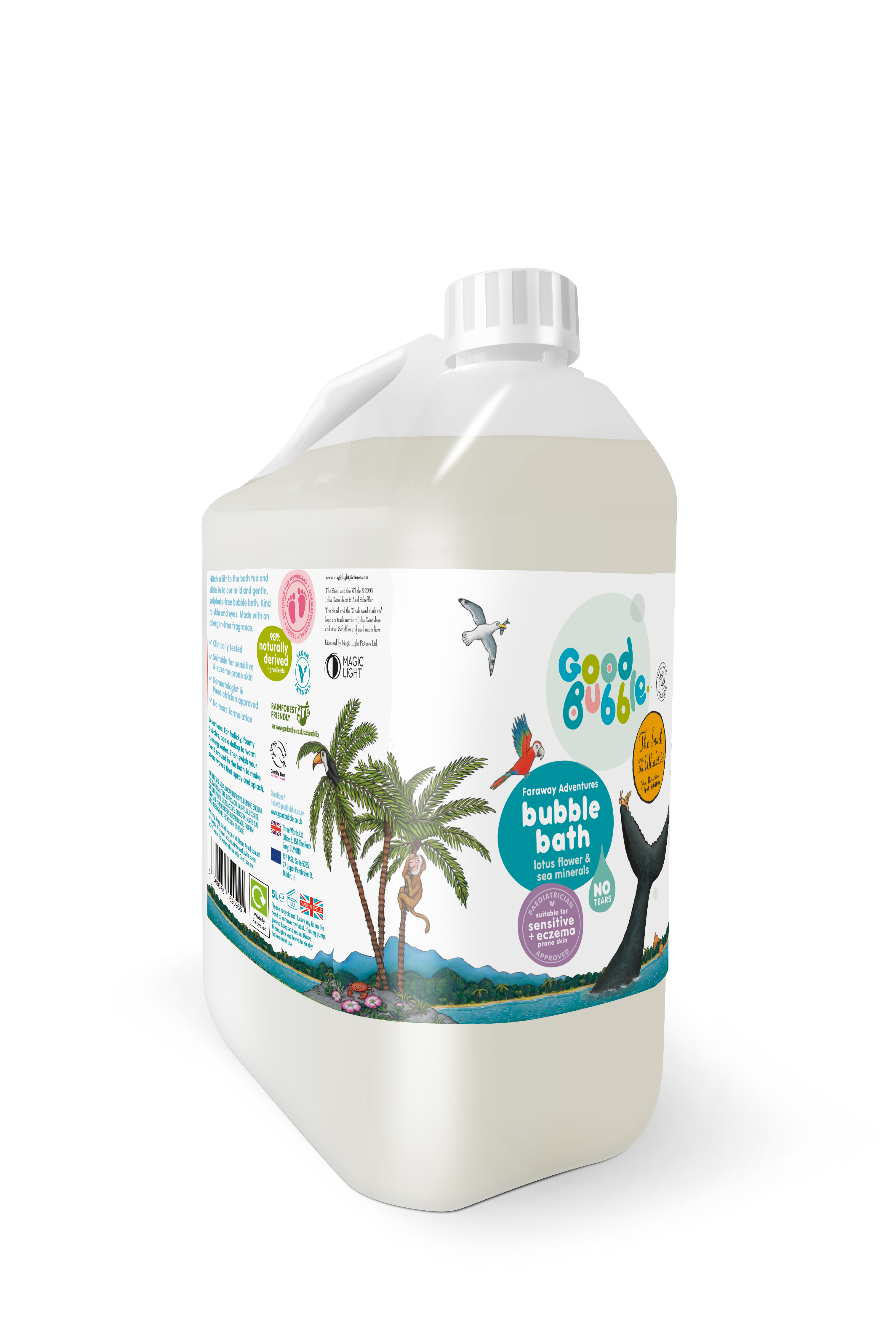 Good Bubble 5-litre Snail & The Whale bubble bath bottle with camp on a white background