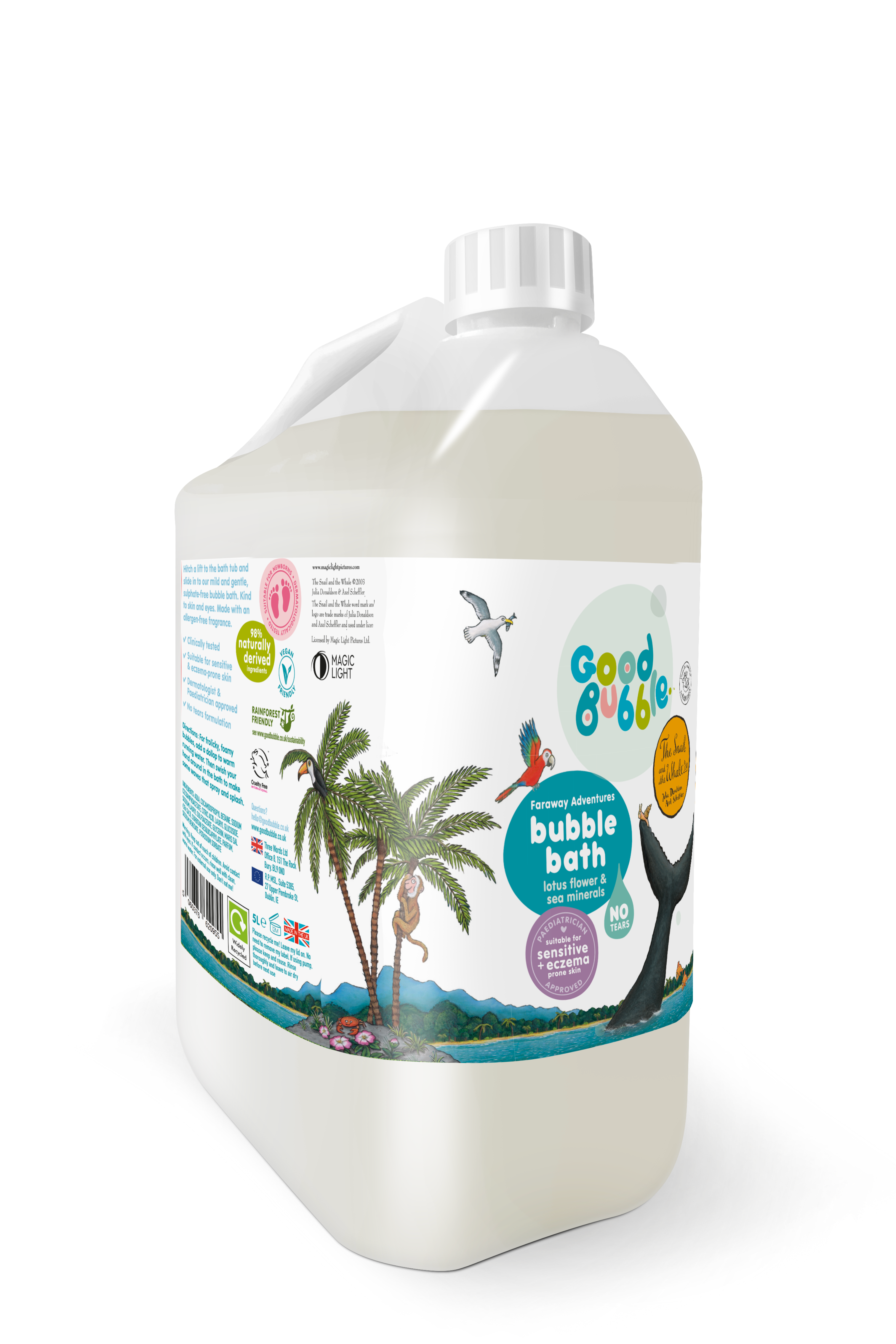 Good Bubble 5-litre Snail & The Whale bubble bath bottle with camp on a white background