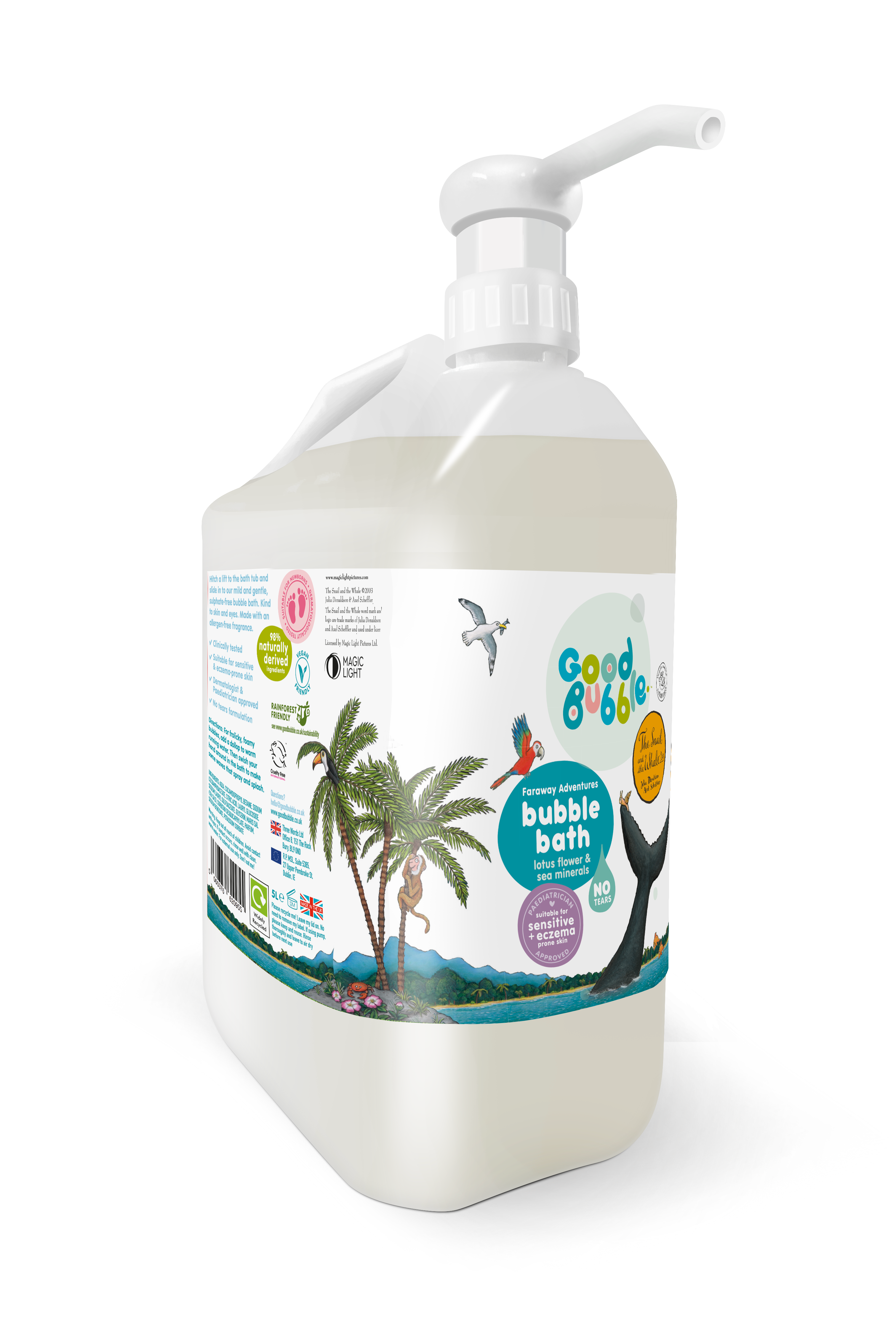 Good Bubble 5-litre Snail & The Whale bubble bath bottle with pump on a white background