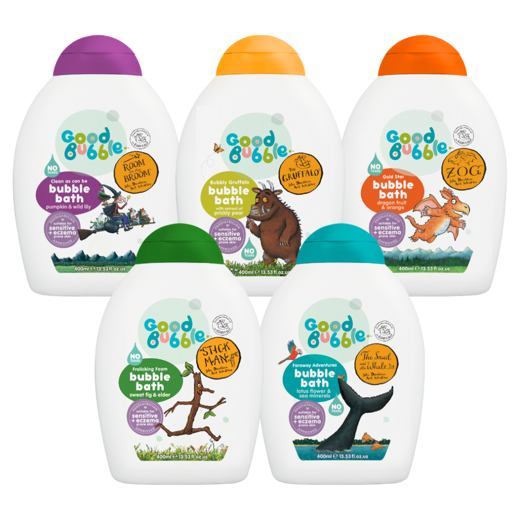 Five bottles of Good Bubble bubble bath with colorful caps and character illustrations on a white background.