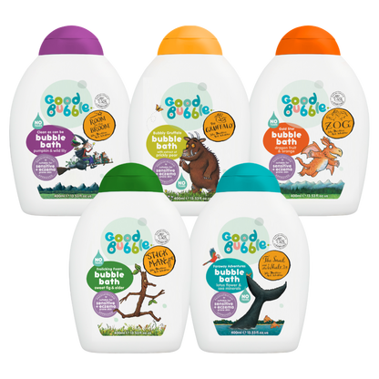Five bottles of Good Bubble bubble bath with colorful caps and character illustrations on a white background.